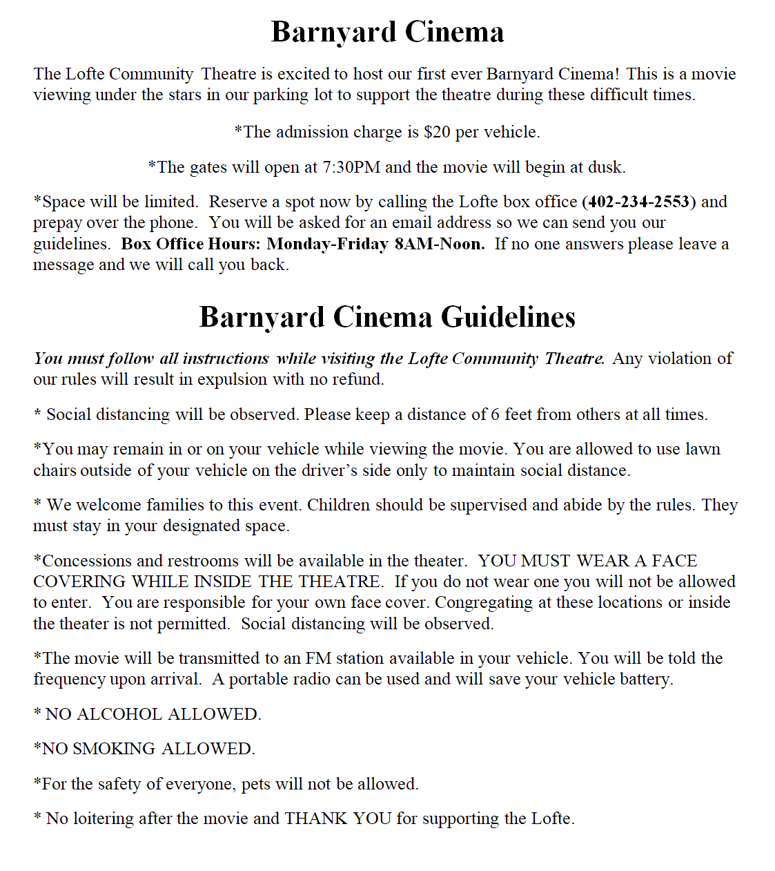 Barnyard Cinema Guidelines