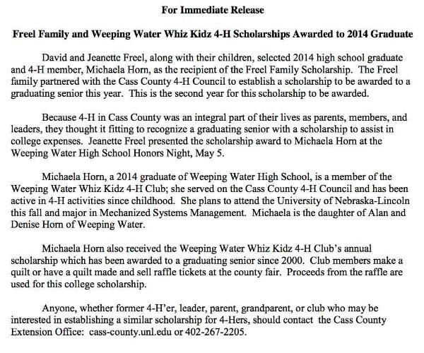 2014 Freel Family Whiz Kidz Scholarship winner news release
