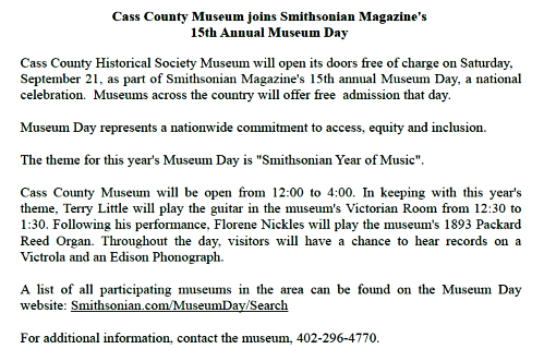 2019 09 18 CASS CO MUSEUM Smithsonian Museum Day 1