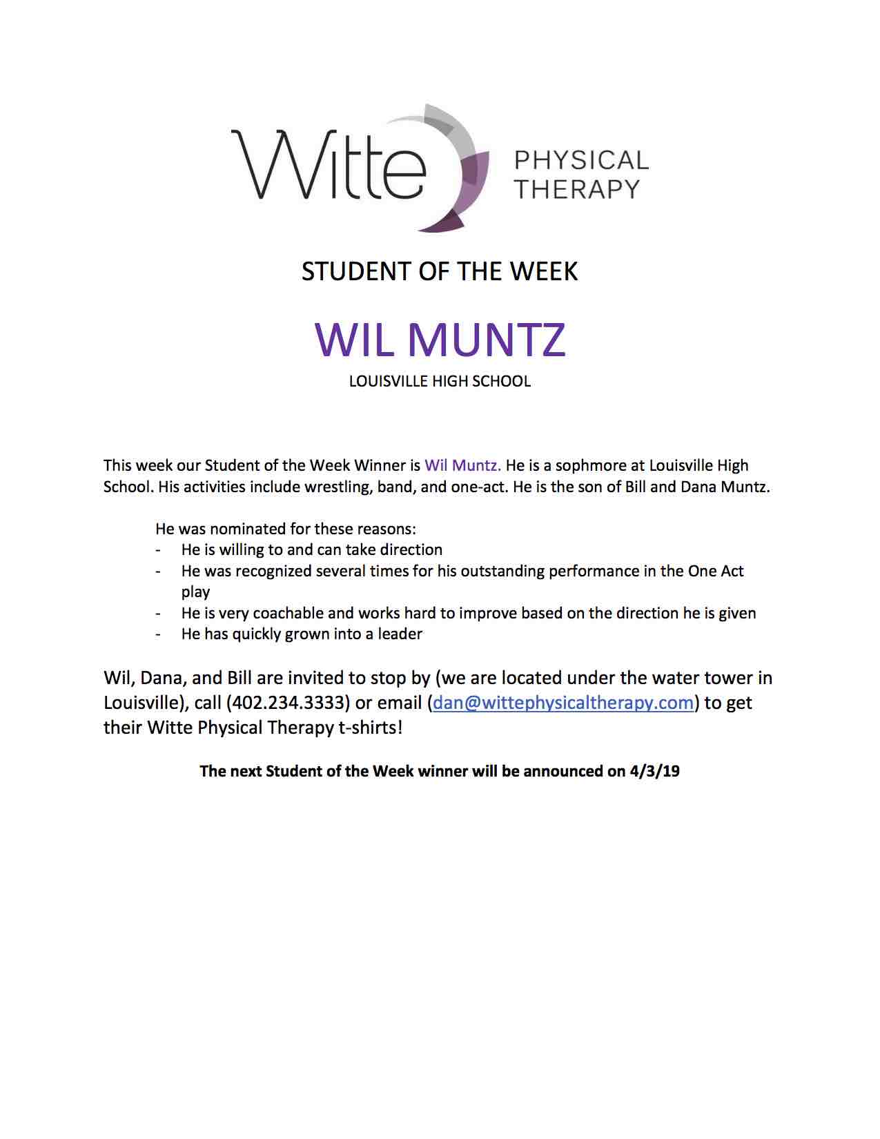 70 Student of the Week Selection