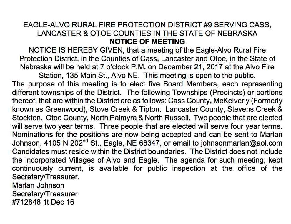 EAGLE ALVO RURAL FIRE NOTICE OF MEETING