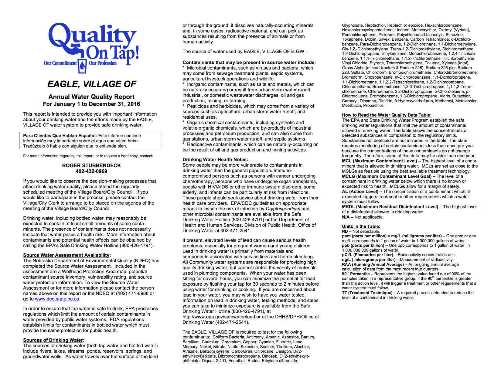 EAGLE ANNUAL WATER QUALITY REPORT 2016 Pg 1