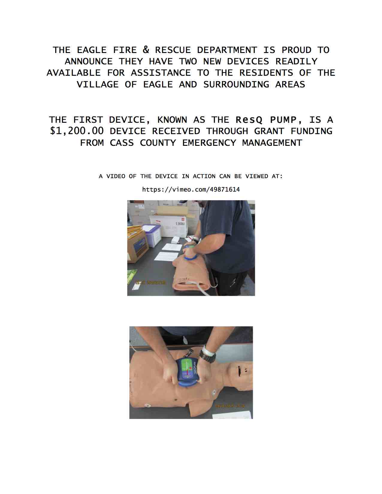 FIRE RESCUE RESQ PUMP LUCAS 2 DEVICE ANNOUNCEMENT