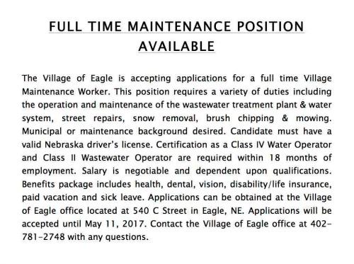 FULL TIME MAINTENANCE POSITION AVAILABLE 2017