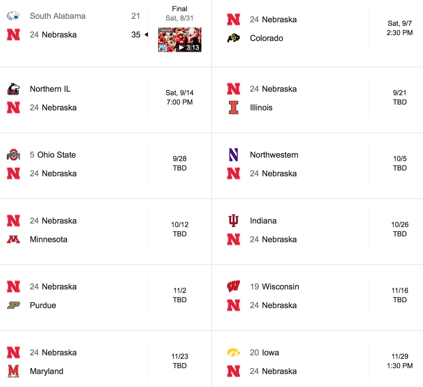 Husker Schedule