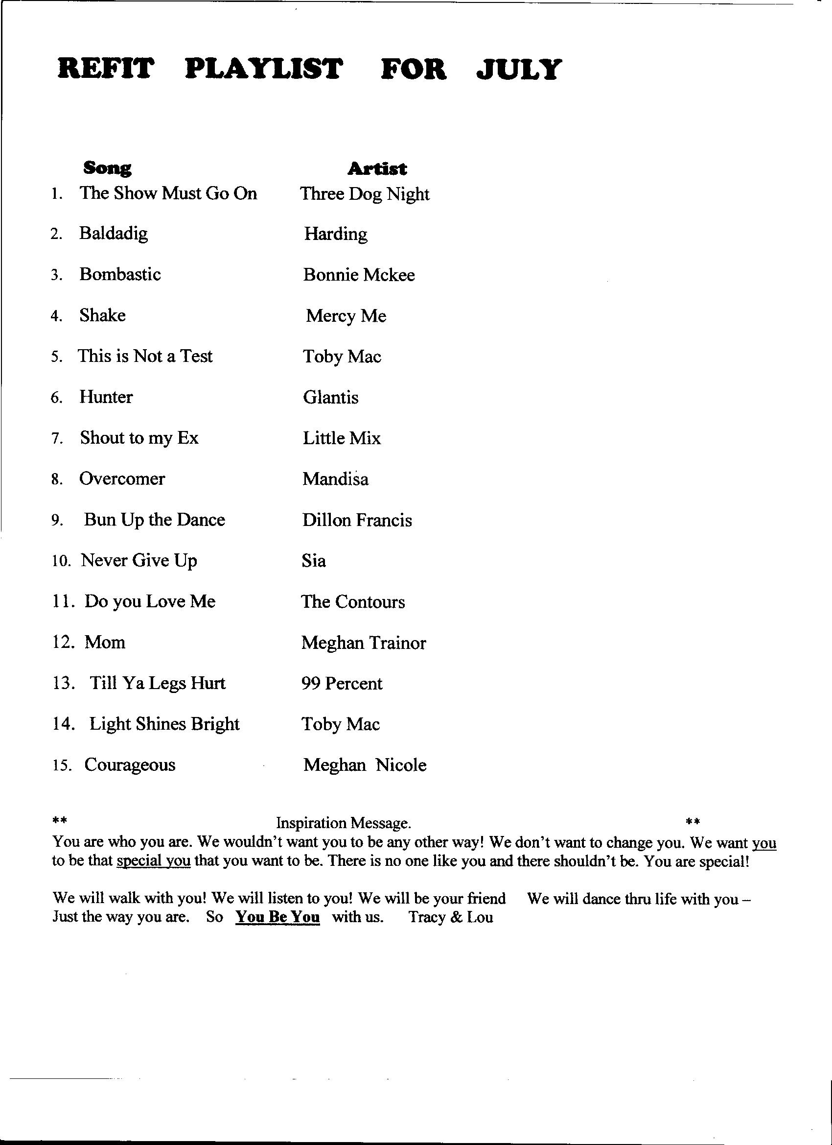 REFIT PLAY LIST FOR JULY 001