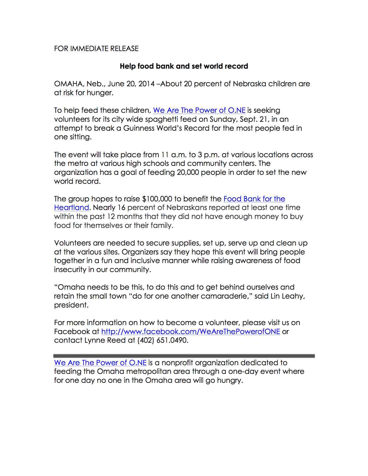 Spaghetti Feed Press Release