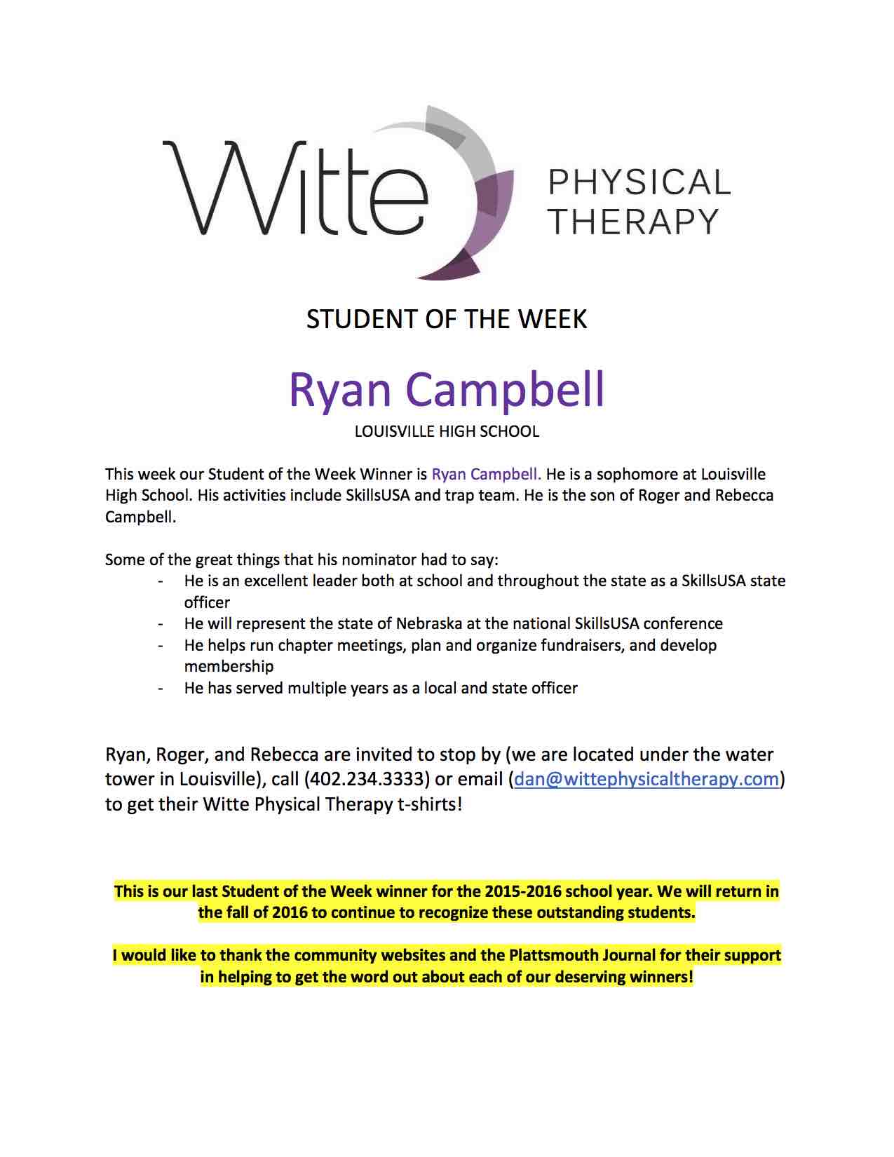 Student of the Week Selection 22